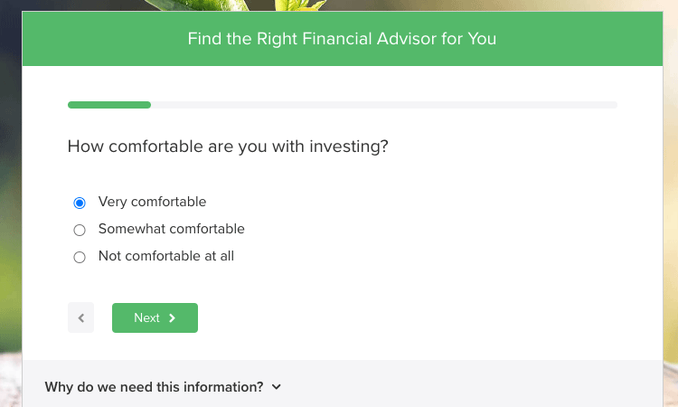 smartasset review box showing a question about investment preferences