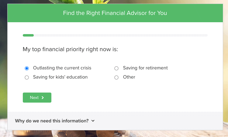 smartasset financial advisor question showing the first step of the sign up process.